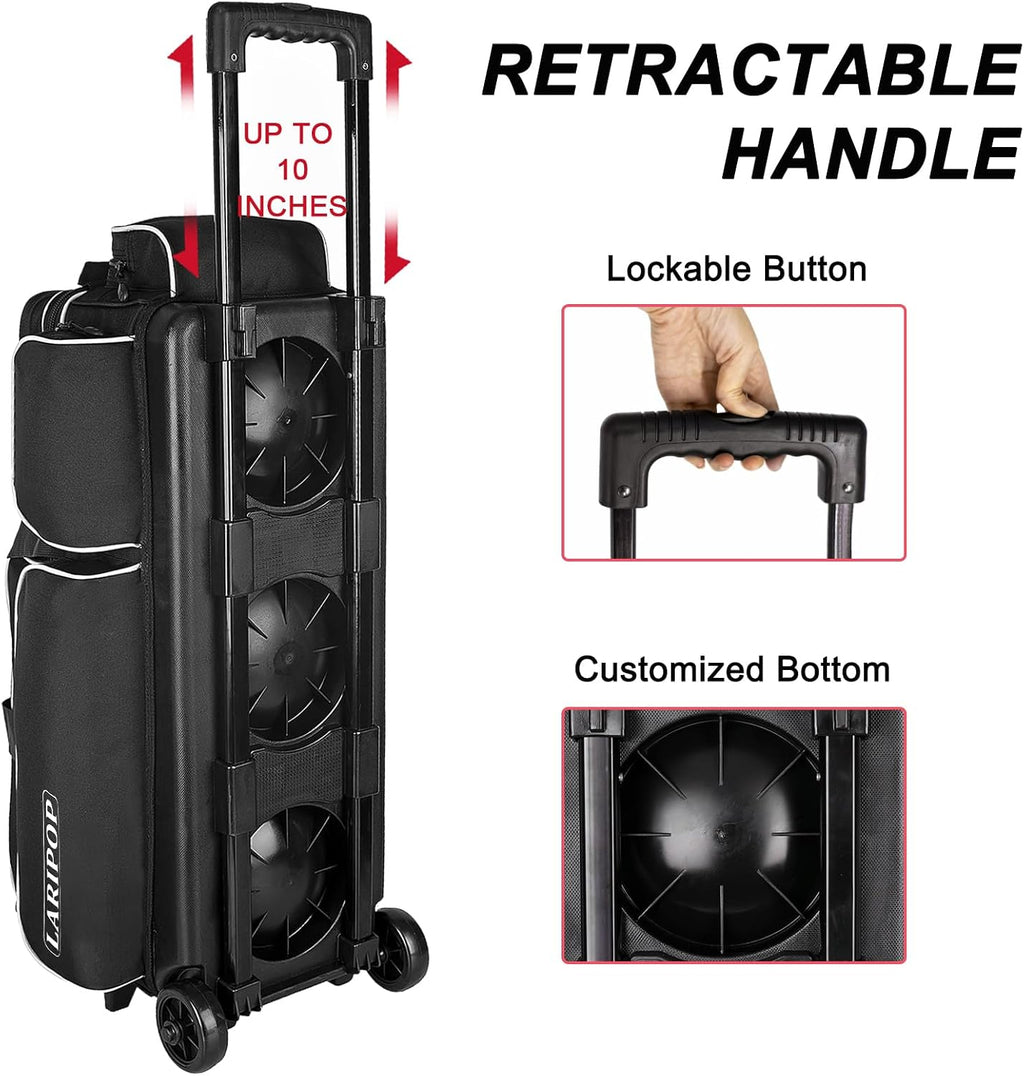 LARIPOP 3 Ball Bowling Bag with Wheels and Shoe Compartment, Rolling Bowling Bag for 3 Balls, Heavy Duty Bowling Roller Bag with Retractable Handle for Men Women
