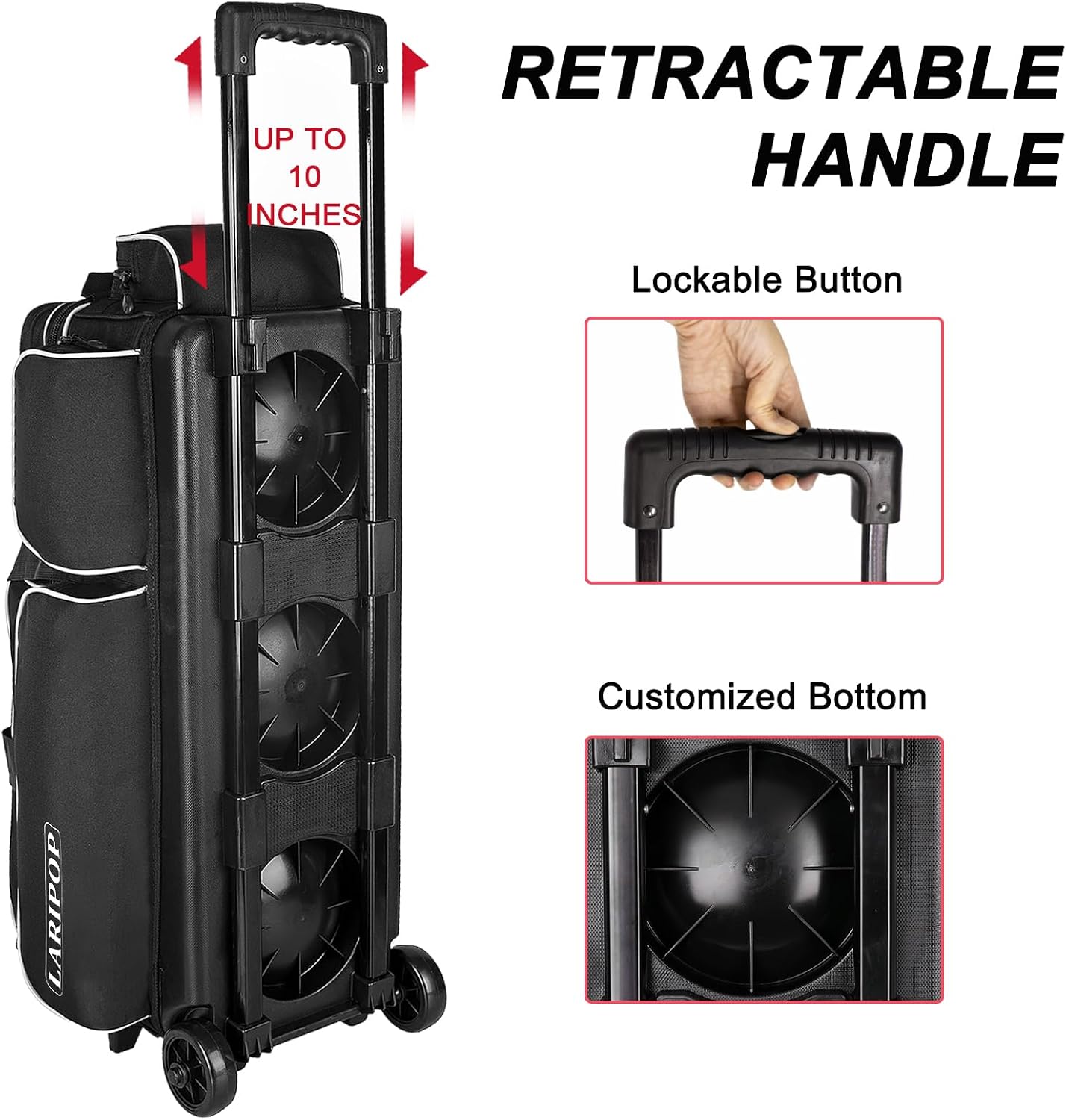 LARIPOP 3 Ball Bowling Bag with Wheels and Shoe Compartment, Rolling Bowling Bag for 3 Balls, Heavy Duty Bowling Roller Bag with Retractable Handle for Men Women