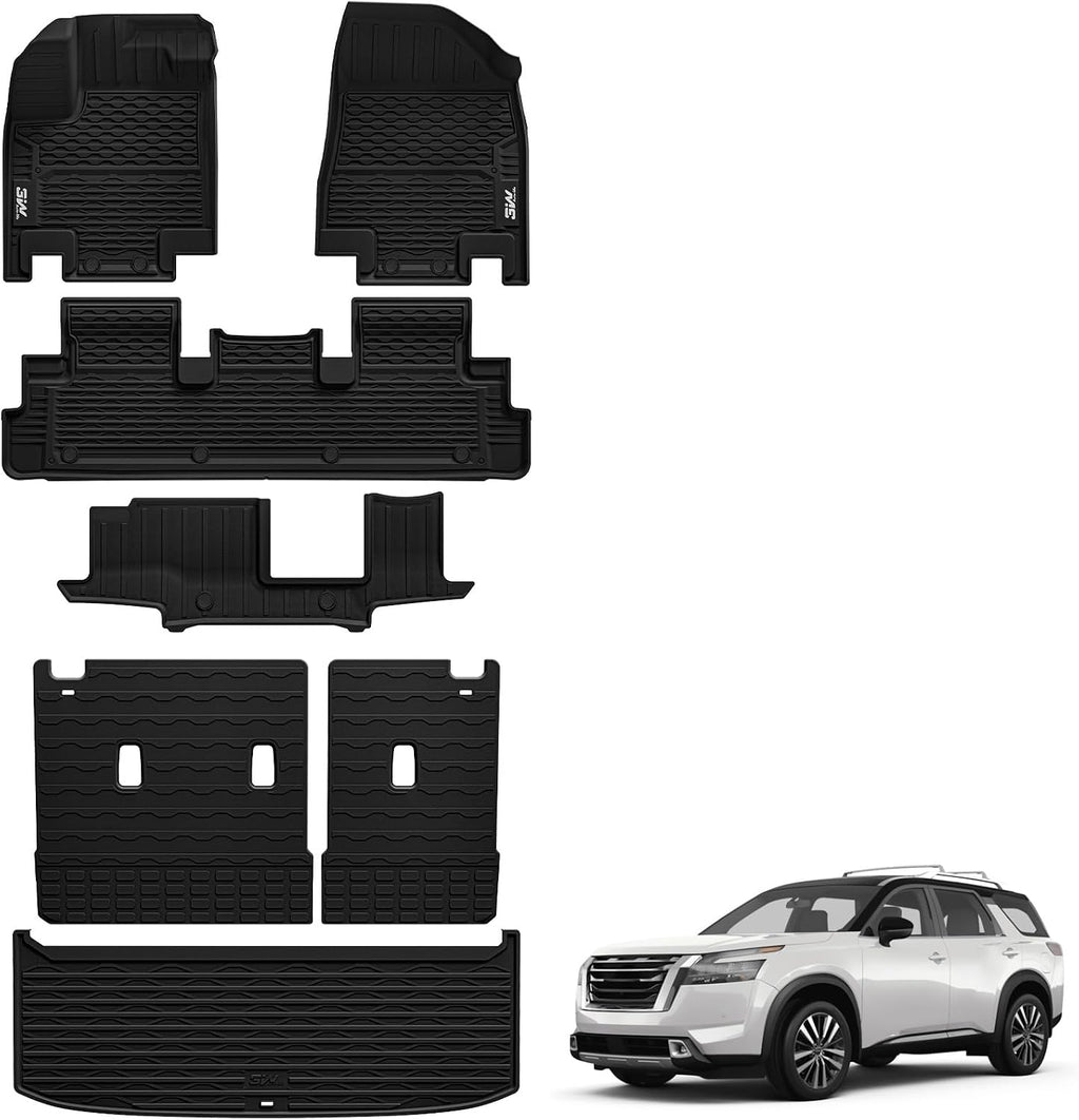 3W Floor Mats & Cargo Liner & Back Seat Cover Custom Fit for Nissan Pathfinder 2022-2026 (Only fit 8 Passenger Models), TPE All Weather Custom Fit Nissan Pathfinder Full Set,Black