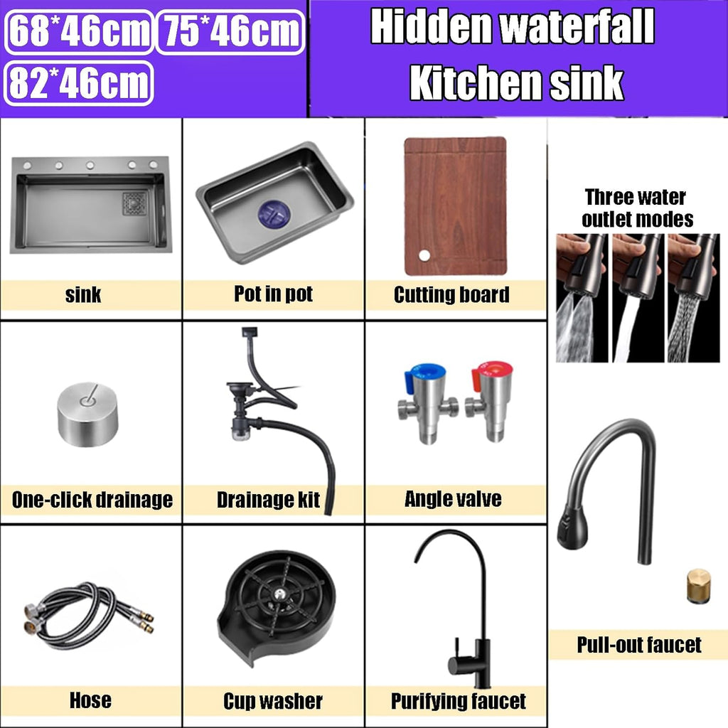 Kitchen Sink Hidden Waterfall Sink Single Bowl Kitchen Sink Built-in Sink Workstation 304 Stainless Steel Sink for Home(
