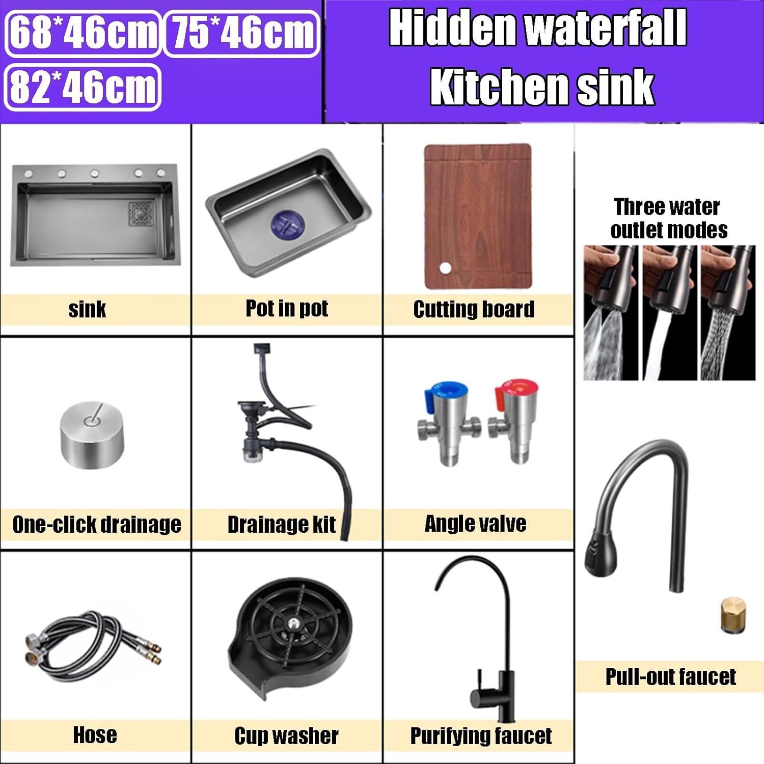 Kitchen Sink Hidden Waterfall Sink Single Bowl Kitchen Sink Built-in Sink Workstation 304 Stainless Steel Sink for Home(