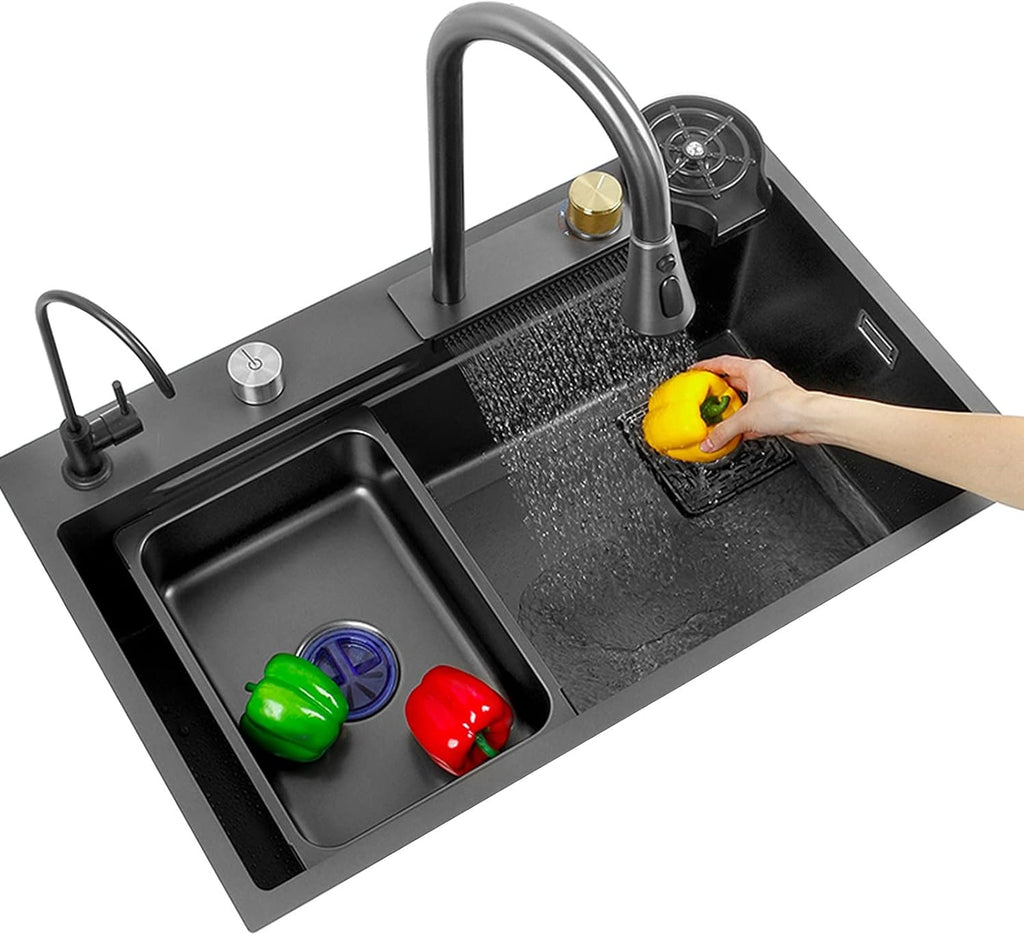 Single Bowl Kitchen Sink 304 Stainless Steel Bar Sink Household Multi-Function RV Sink with Faucet and Cup Washer Drop in Or Under Mount (Color : Grey, Size : 68x45x22cm) (Gun Grey 68x45x22cm