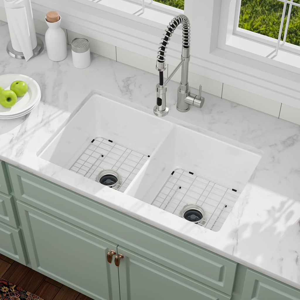 32 Inch White Undermount Kitchen Sink, 32'x19'x10' Fireclay Porcelain Sink, 50/50 Double Bowl Ceramic Kitchen Sinks Large Basin
