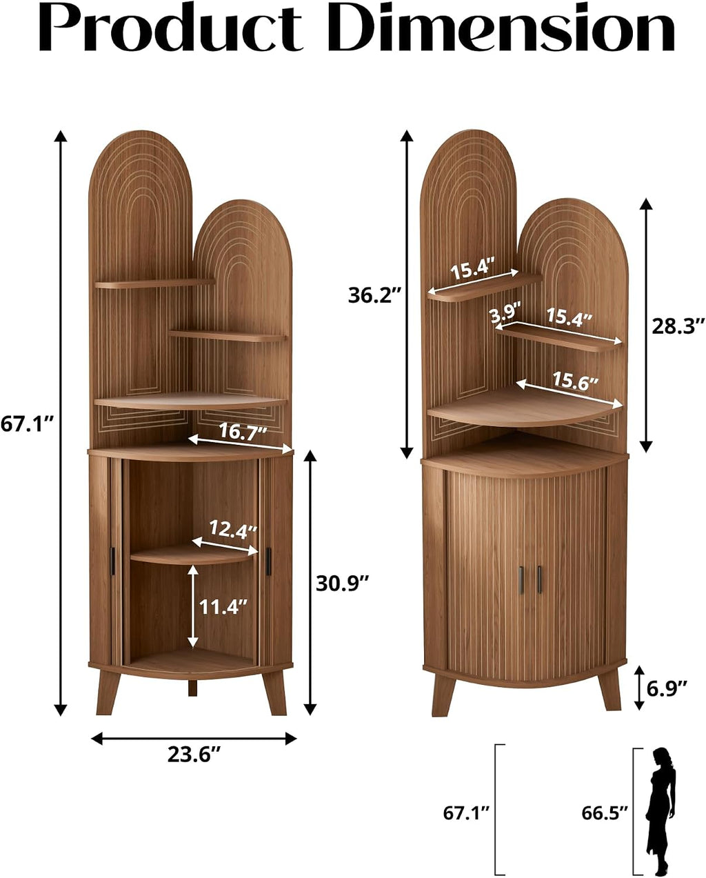 Small Corner Cabinet with Sliding Door and Storage, Tall Corner Bathroom Cabinet for Kitchen, Living Room, Corner Shelf Display Storage Cabinet, Walnut