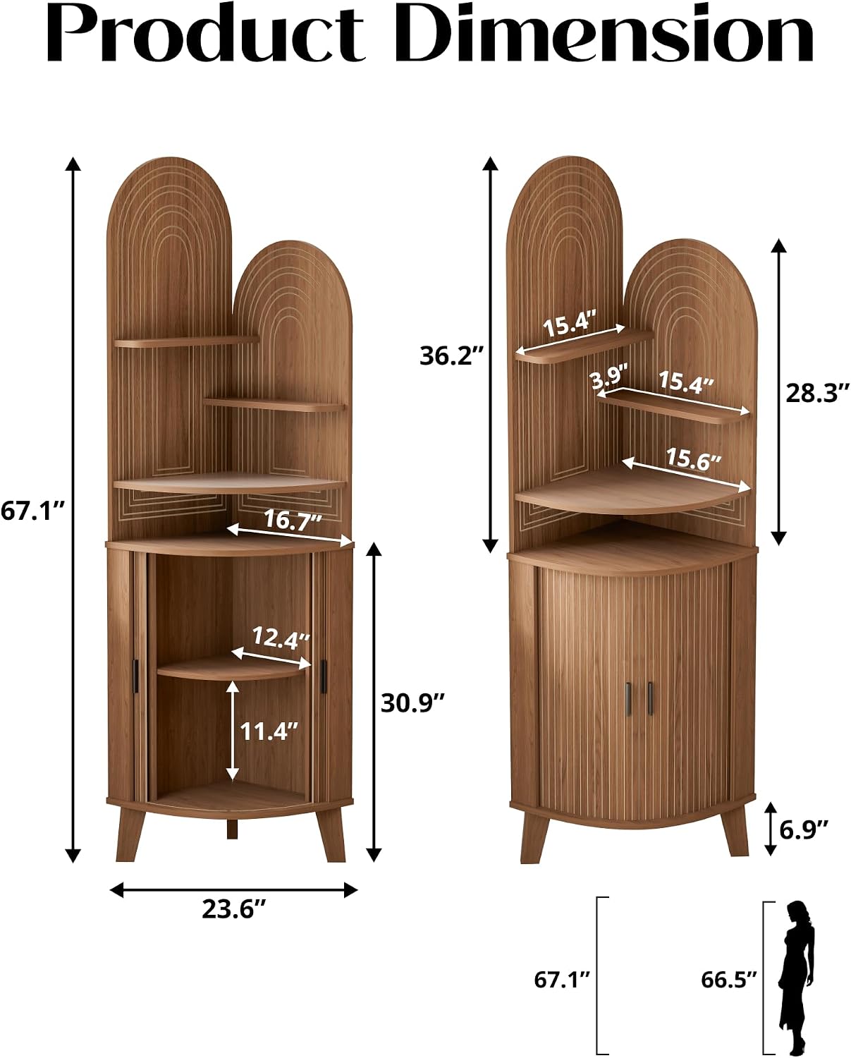 Small Corner Cabinet with Sliding Door and Storage, Tall Corner Bathroom Cabinet for Kitchen, Living Room, Corner Shelf Display Storage Cabinet, Walnut