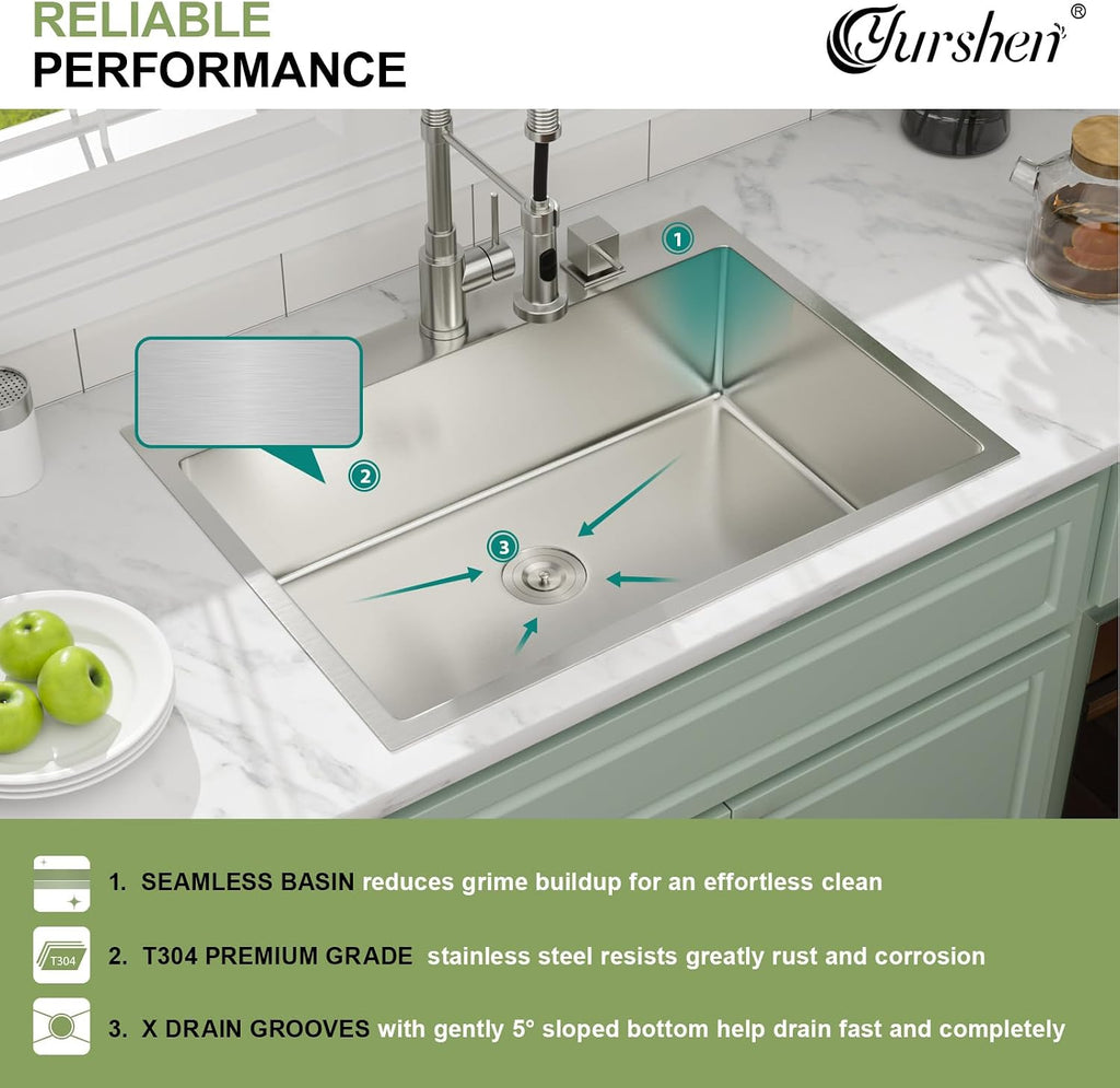 30 Inch Drop In Kitchen Sink, 30'x22'x9' Topmount Stainless Steel Kitchen Sinks With 16 Gauge 304 Single Bowl Sink R10 Round Corner Basin