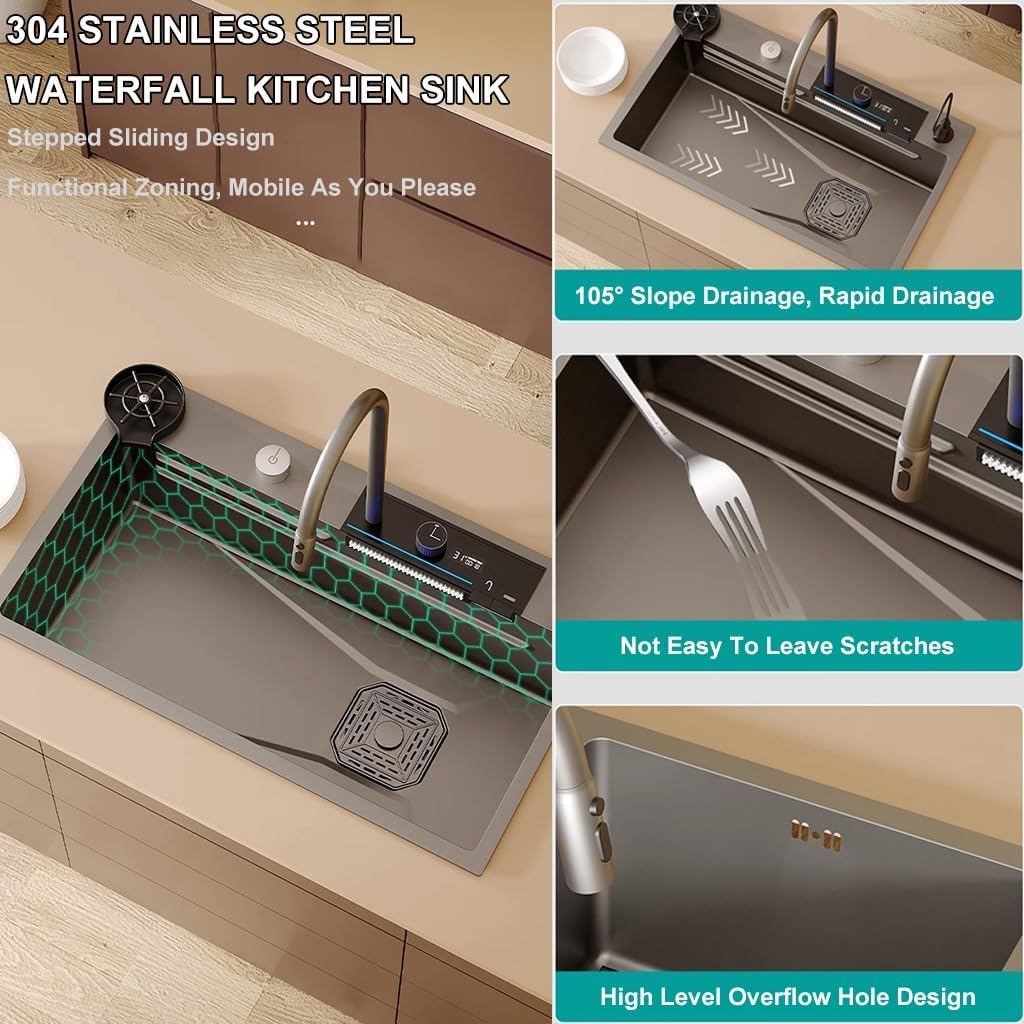 Single-Bowl Kitchen Workstation Sink Multi-functional Stainless Steel Household Farmhouse Sink Waterfall Pull-Down Faucet And Complete Accessory Set (Color : Black, Size : 75x46x23cm) (Black 75x46