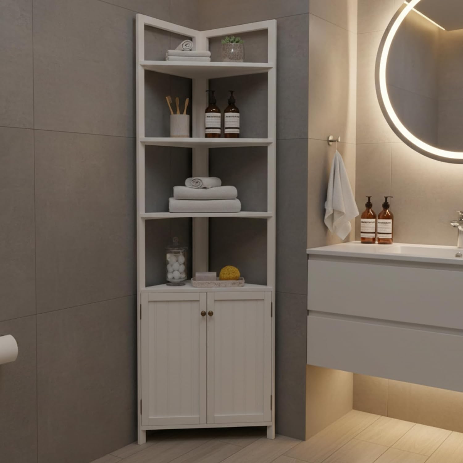 Alaterre Furniture Dover Corner Bathroom Storage Cabinet – 25' x 68' Tall Freestanding Corner Cabinet with 2 Doors, Open Shelves, Adjustable Inside Shelving, and Space-Saving Design (White)