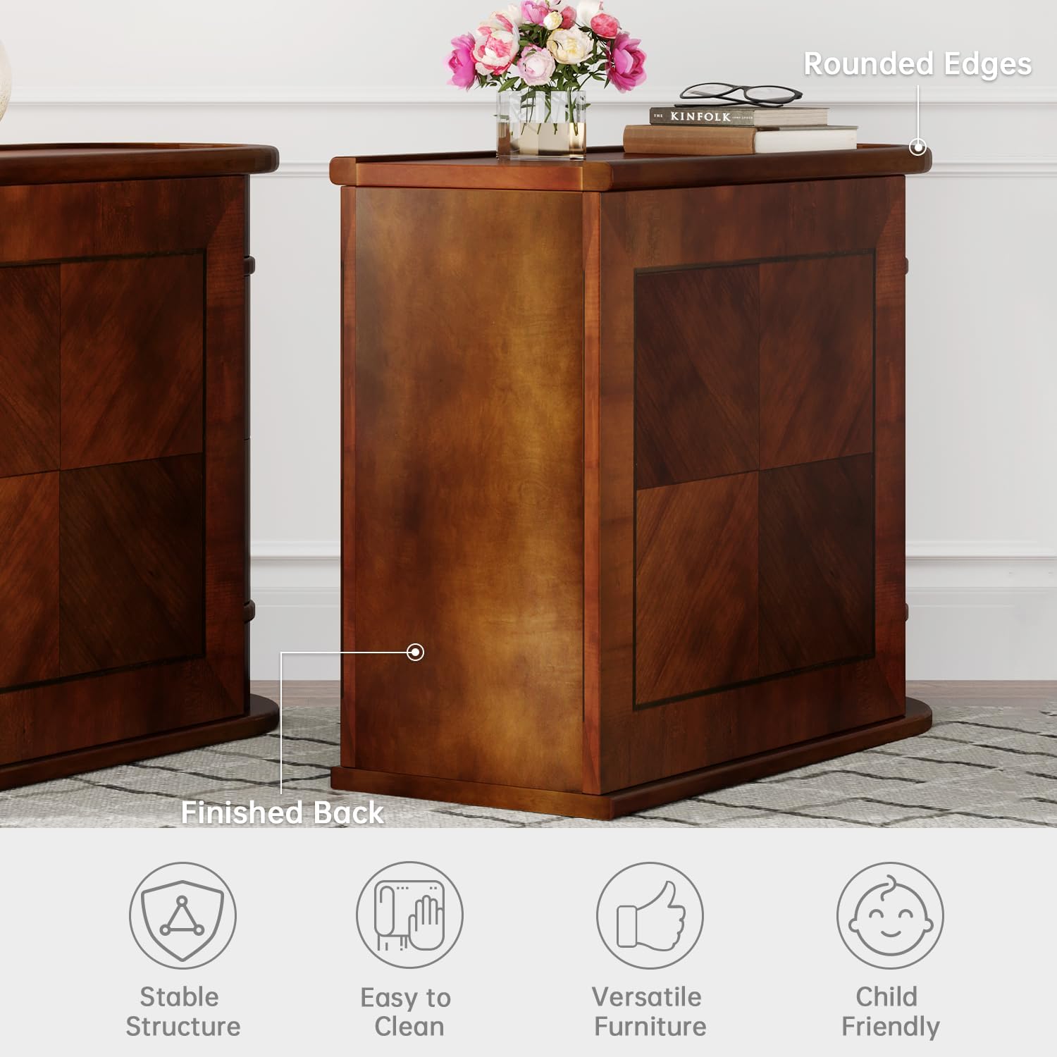Wood End Table with 2 Drawers, No Assembly Required Narrow Sofa Side Table for Living Room, Vintage Slim Nightstand Bedside Table for Bedroom (2 Drawers, Brown, 1Pc)