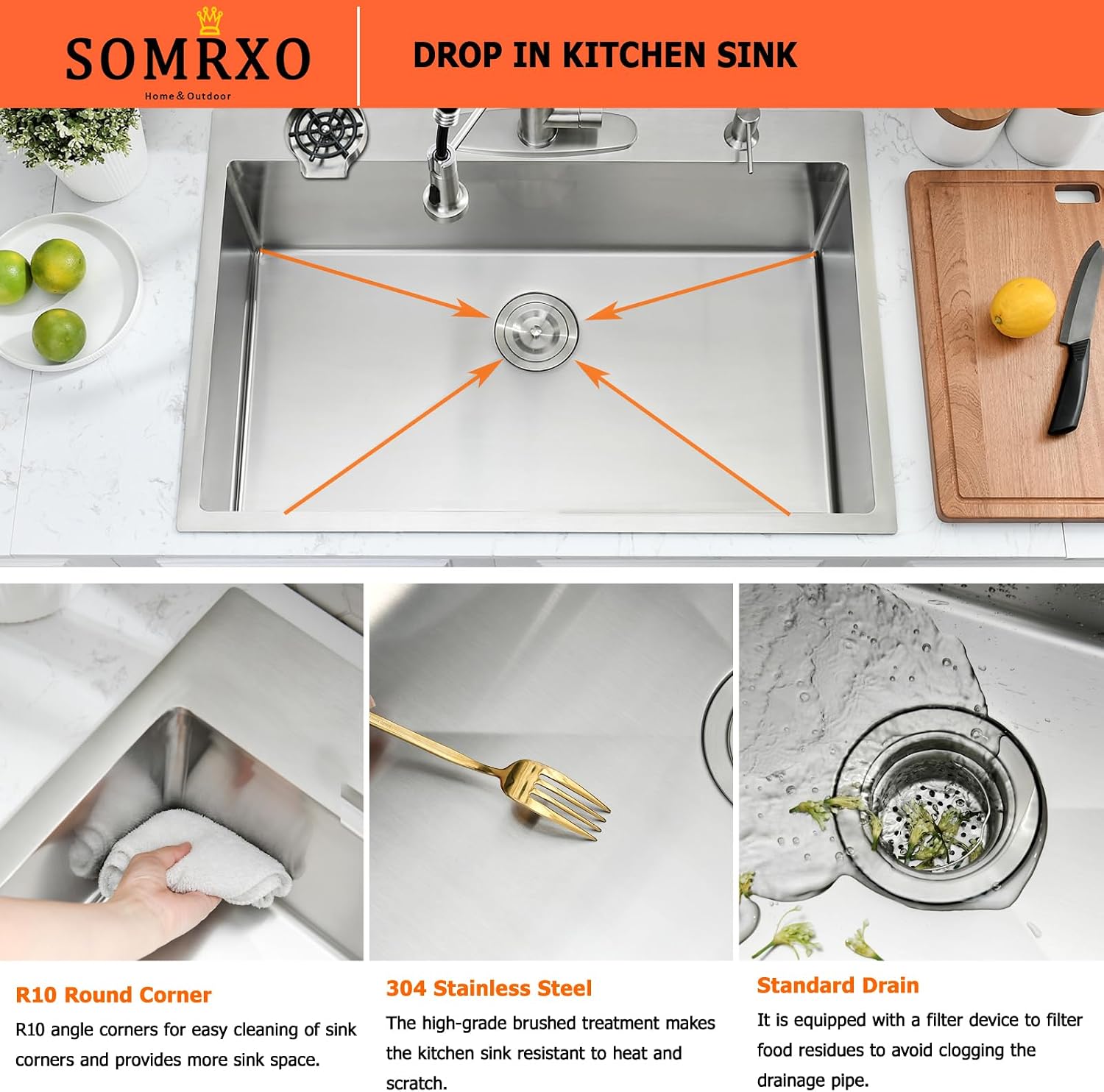 33x19 Inch Drop in Kitchen Sink with Faucet Combo - Stainless Steel 10 Inch Deep Single Bowl Top Mount Kitchen Sink with Cup Washer
