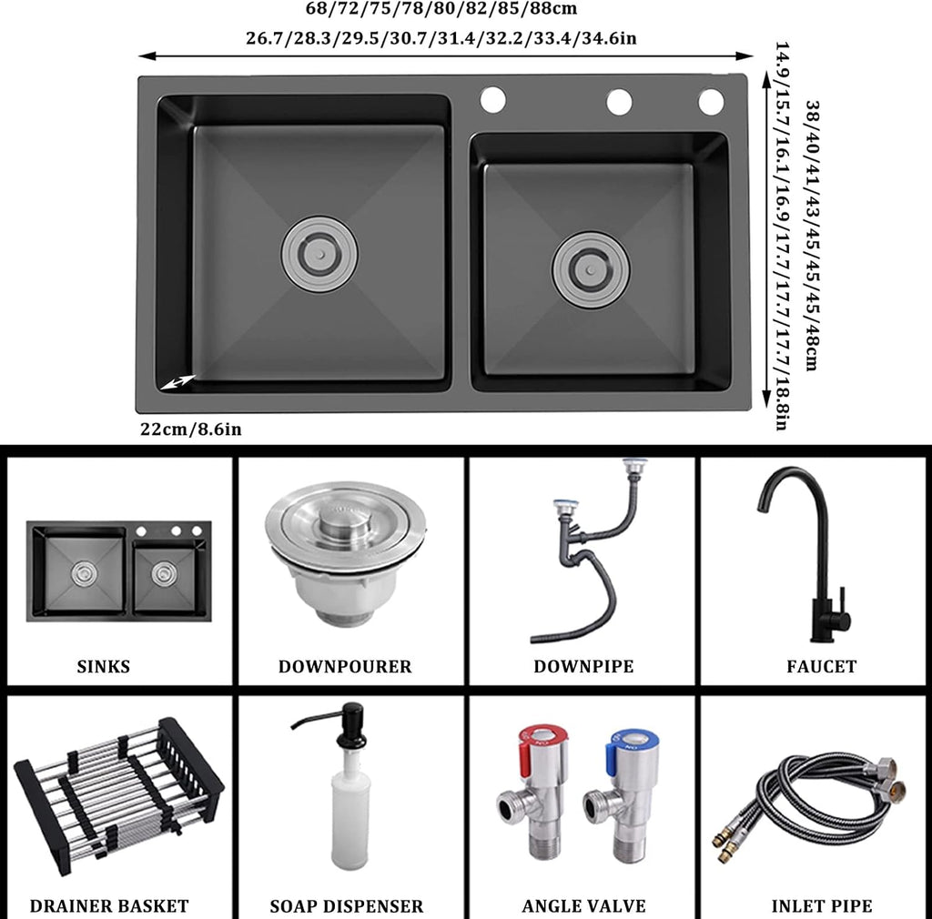 Black Double Bowl Kitchen Sink 304 Stainless Steel Bar Sink Square RV Sink with Faucet & Drain Top Mount Or Undermount (Color : Black-a, Size : 85x45x22cm)