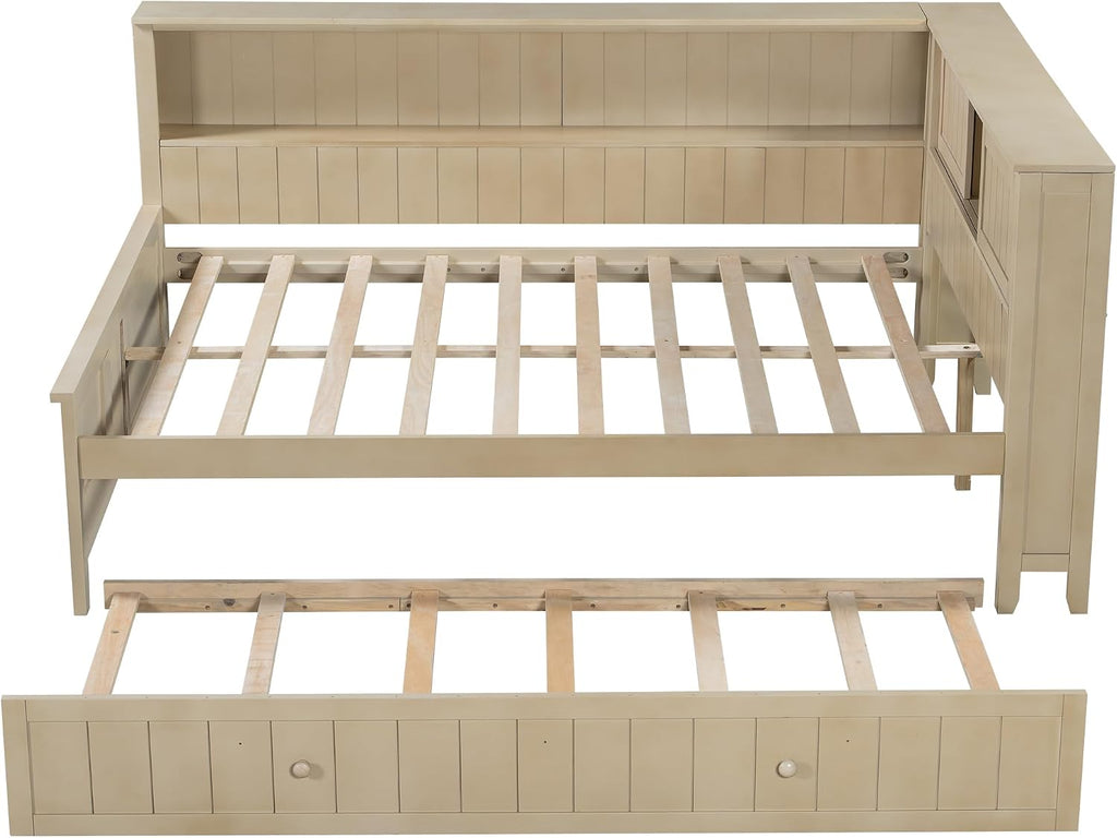 Merax Full Size Daybed with Storage Shelves and Trundle, Wood Slat Support, No Box Spring Needed, Antique White