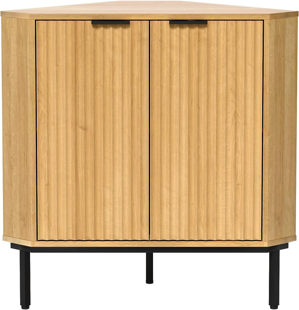 EYYTHUNG Fluted Corner Cabinet, Modern Small Corner Floor Cabinet with 2 Doors and 2-Tier Shelves, Freestanding Narrow Organizer for Living Room Kitchen Bathroom, Natural Oak