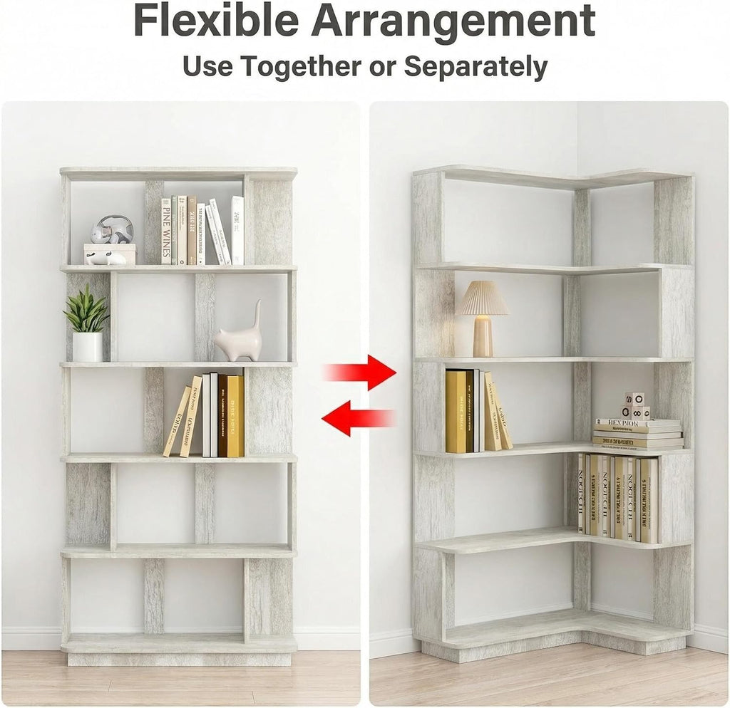Corner Bookshelf, L Shaped, Set of 2, Light Grey | Modular Geometric Design, Large Storage Display, Freestanding Wooden Unit, For Living Room Home Office