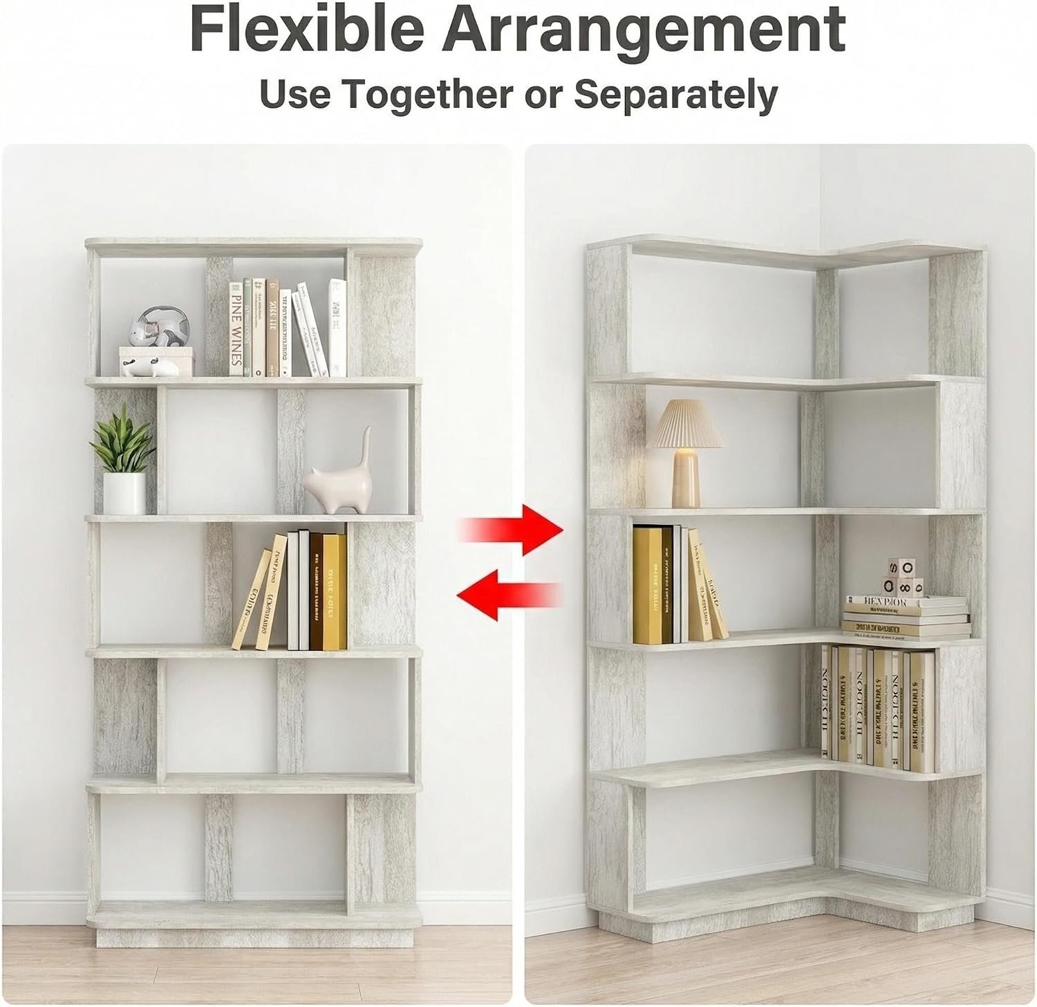 Corner Bookshelf, L Shaped, Set of 2, Light Grey | Modular Geometric Design, Large Storage Display, Freestanding Wooden Unit, For Living Room Home Office