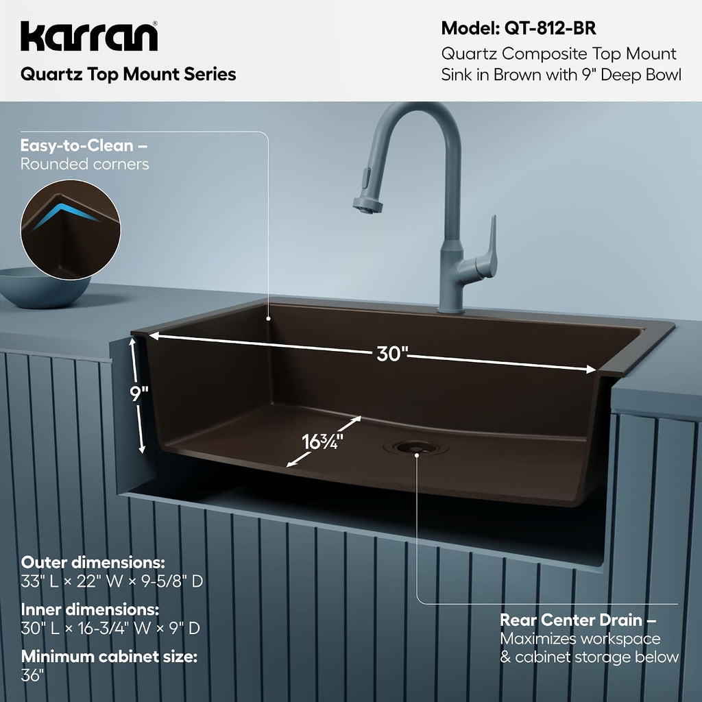 Karran 33' Drop-In Top Mount Quartz Composite Single Bowl Kitchen Sink in Brown – Extra Deep 9' Basin, Heat Resistant, Sound Dampening, Easy Clean Surface