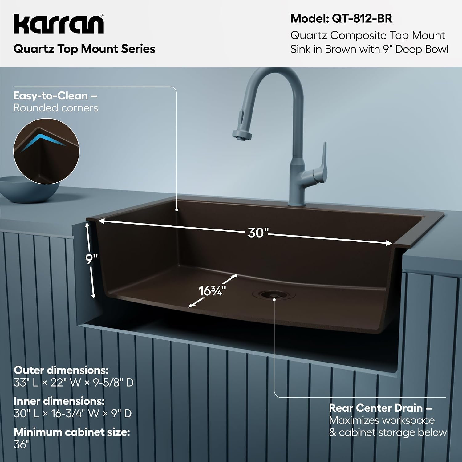 Karran 33' Drop-In Top Mount Quartz Composite Single Bowl Kitchen Sink in Brown – Extra Deep 9' Basin, Heat Resistant, Sound Dampening, Easy Clean Surface