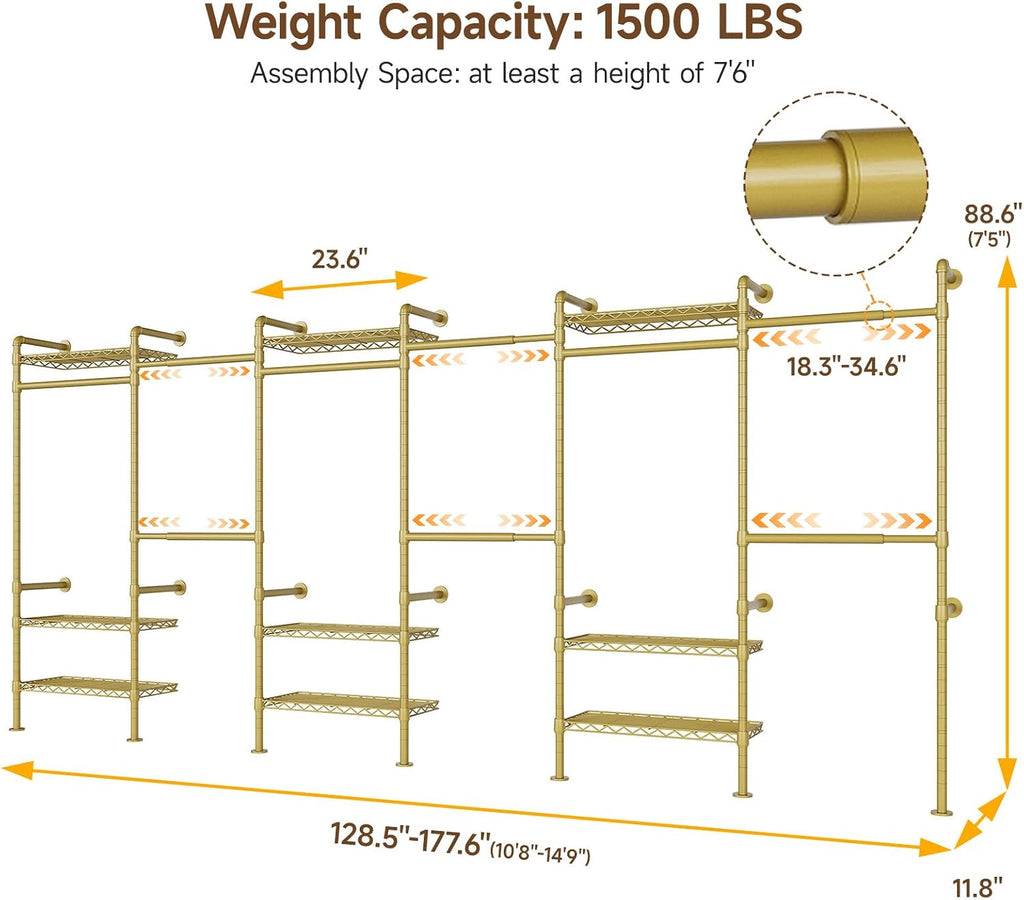 H6 Wall Mounted Closet System, Industrial Pipe Clothes Rack Clothing Racks with 6 Telescopic Rods & 3 Fixing Rods & 9 Shelves, Heavy Duty Closet Organizers and Storage in Wardrobe Closet (Gold)