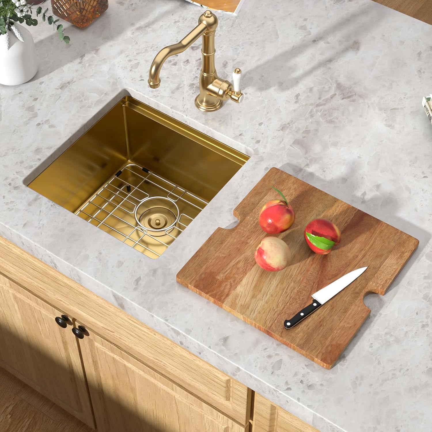 Undermount Bar Sink - 17x17 Inch Workstation Gold Wet Bar Stainless Steel 16 Gauge Single Bowl Under Counter Small Prep Sinks with Cutting Board and Assembly #TLU-0020