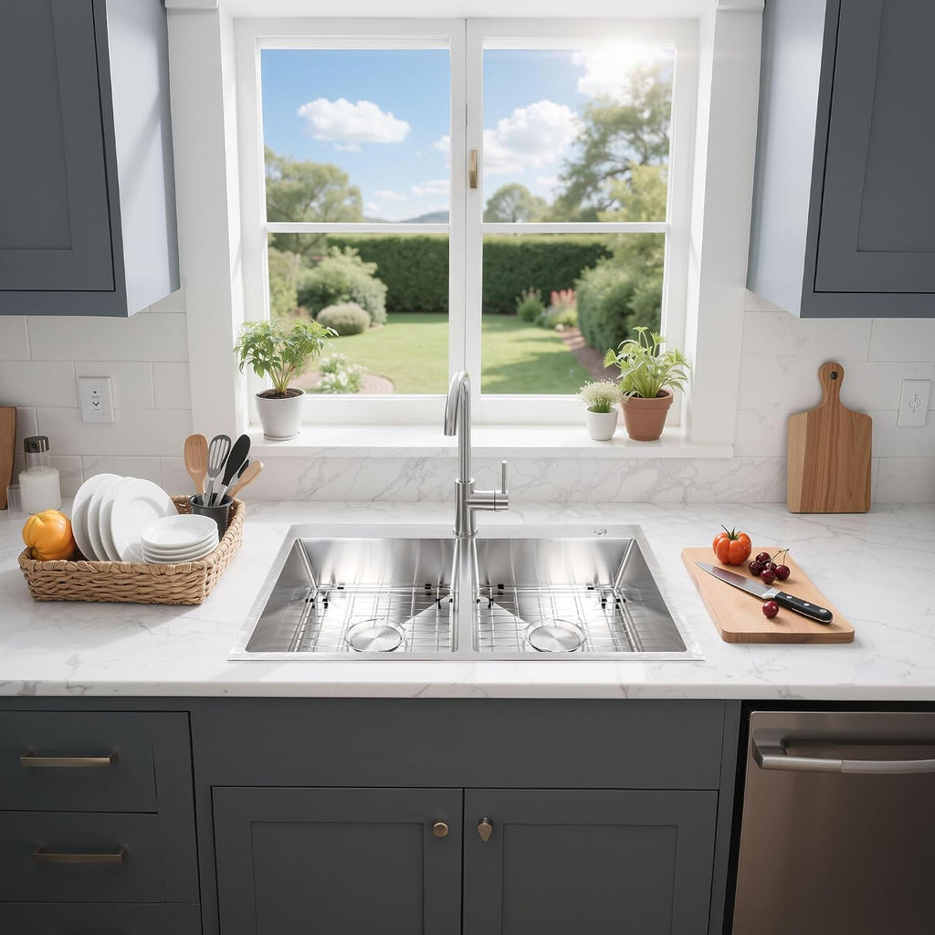 PHS 33 Inch Drop In Double Bowl Kitchen Sink 50/50-16 Gauge Stainless Steel Overmount Kitchen Sink 33x22 with Accessories, 9 Inch Deep Sinks with Brushed Finish