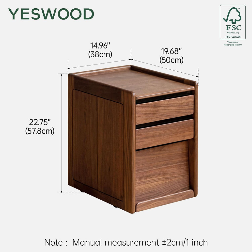YESWOOD Solid Oak Wood Side Table with Wheels, Rolling Side Table with Storage, Narrow Bed End Tables for Bedroom, Living Room, Study(Natural, 19.69' D x 14.96' W x 22.76' H)