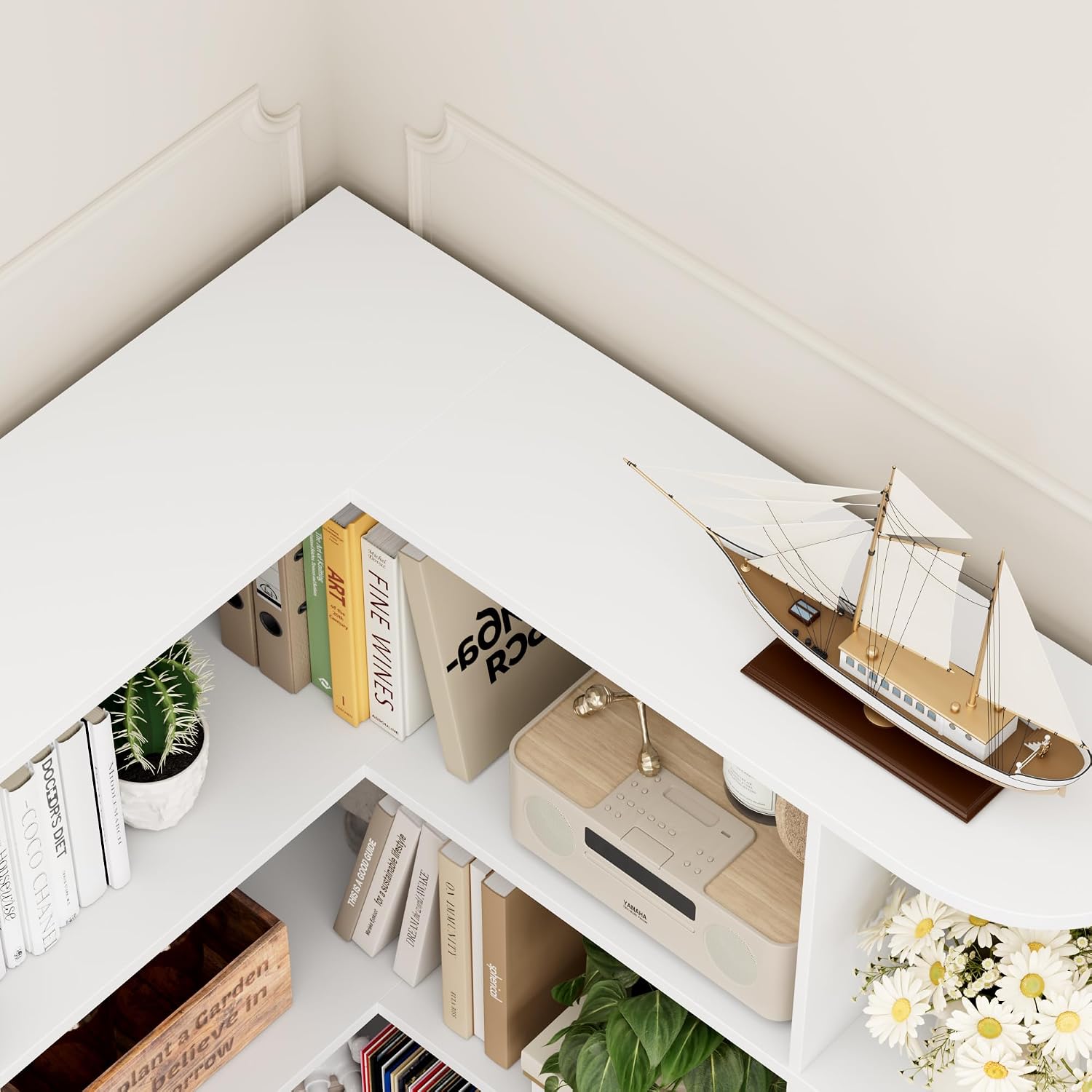 FOTOSOK 72' Tall Corner Bookshelf, 6-Tier Bookshelf and Bookcase with Open Storage, L Shaped Tall Bookcases Wooden Storage Shelves for Home Office, Thickened Boards for Better Load Bearing, White