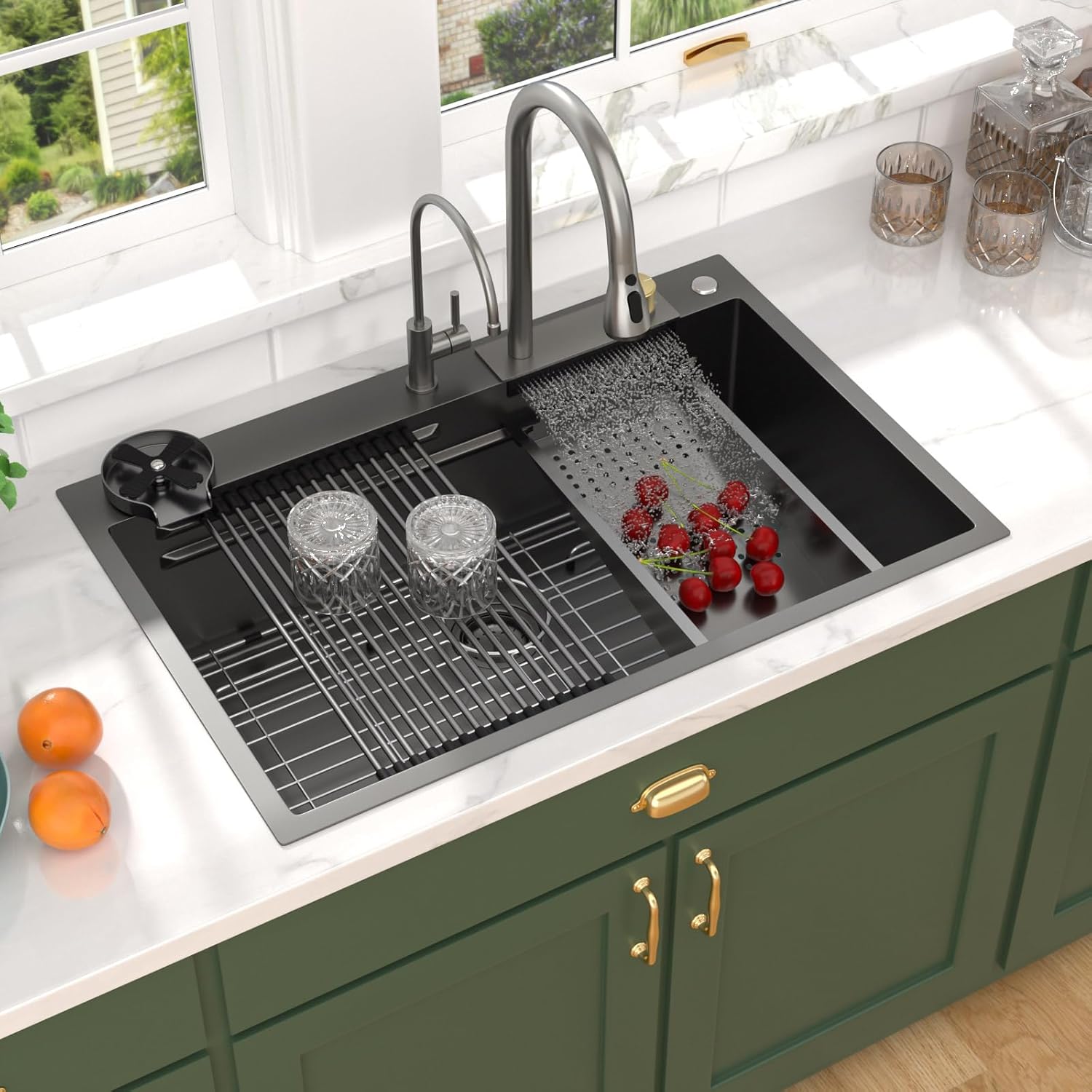 33x22 Gunmetal Black Drop In Kitchen Sink with Faucet, Waterfall Feature & Cup Washer, 16 Gauge 304 Stainless Steel, Workstation Accessories 3-Holes Sink for Residential Kitchen #TLWF-0001