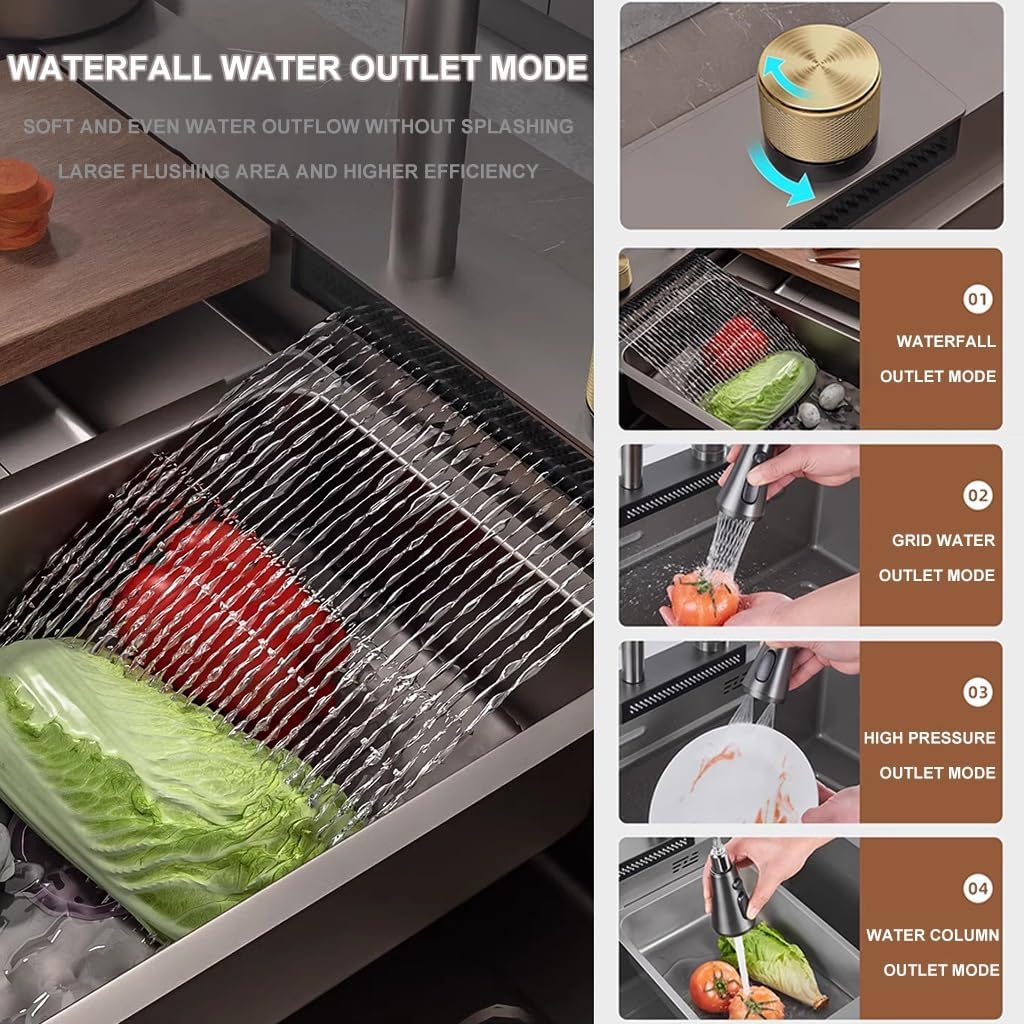 Waterfall Sink Stainless Steel Single-Bowl Kitchen Workstation Sink Waterfall Pull-Down Faucet and Complete Accessory Set Dual-Mount (Color : A, Size : 80x45x22cm) (A 68x45x22cm)