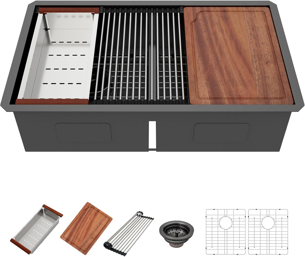 33 Black Undermount Kitchen Sink - 33x19 Gunmetal Black Double Bowl Kitchen Sinks Workstation 16 Gauge Stainless Steel Sink Low Divide Double Basin 50/50