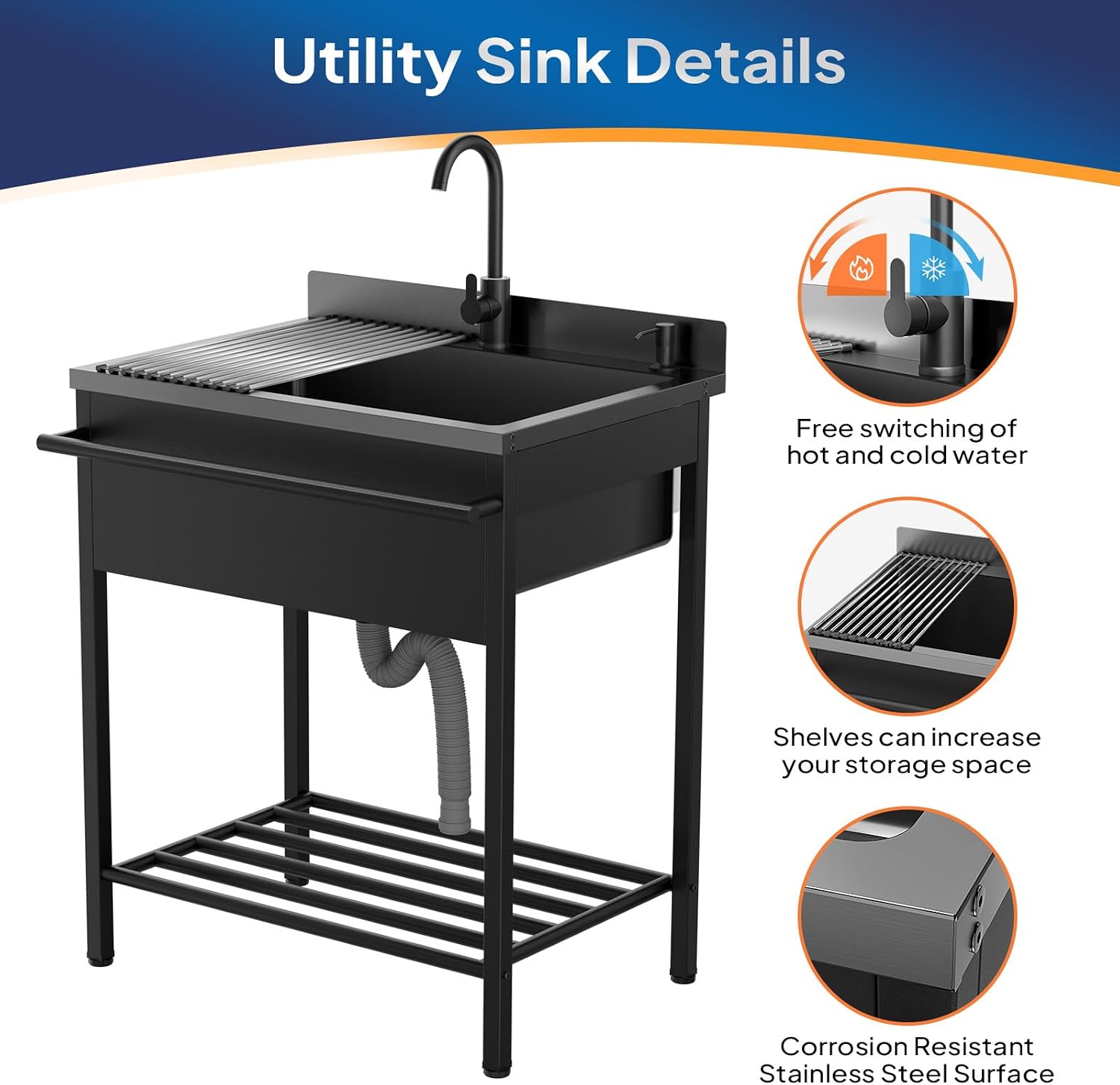 ROVSUN Stainless Steel Utility Sink, Free Standing with Faucet & Draining Rack for Laundry Room, Kitchen, Restaurant, Garage, Outdoor Garden, Backyard, Industrial 22'D x 30.71'W x 40.35'H Black
