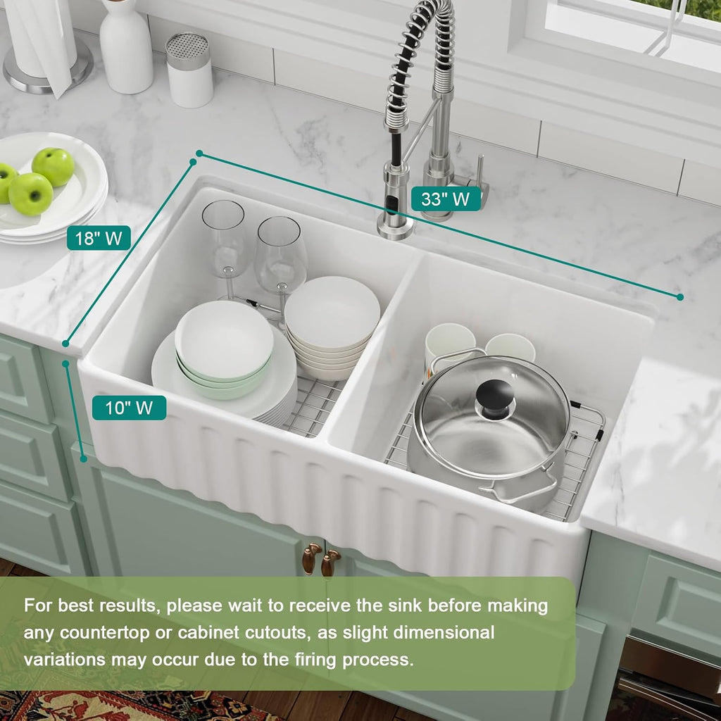 33 Inch White Fireclay Farmhouse Sink 50/50 Double Bowl Apron Front Ceramic Kitchen Sinks Extra Large Country Barn Style Farmer Sink Basin, 33'X18'X10' #YSAC0201
