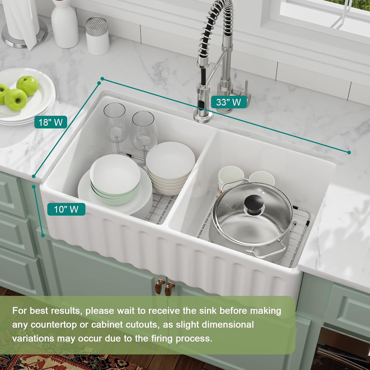 33 Inch White Fireclay Farmhouse Sink 50/50 Double Bowl Apron Front Ceramic Kitchen Sinks Extra Large Country Barn Style Farmer Sink Basin, 33'X18'X10' #YSAC0201