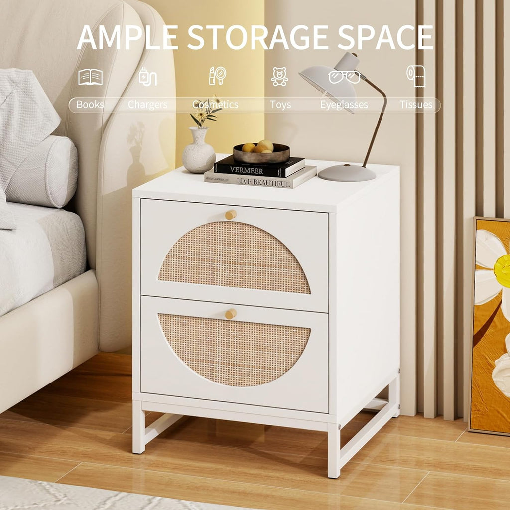 Rattan Nightstand, Boho Bedside Tables with 2 Drawer, Rustic End Table with Storage, Side Table for Living Room, Bed Room, Office, White, Set of 2