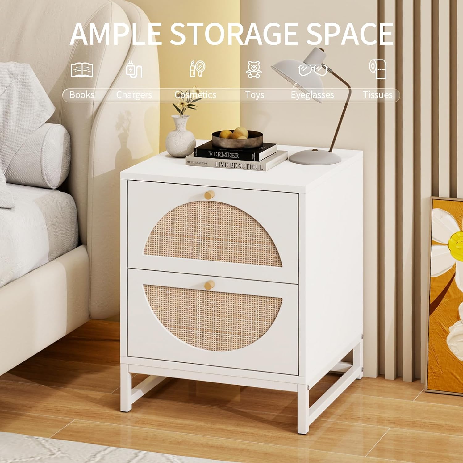 Rattan Nightstand, Boho Bedside Tables with 2 Drawer, Rustic End Table with Storage, Side Table for Living Room, Bed Room, Office, White, Set of 2