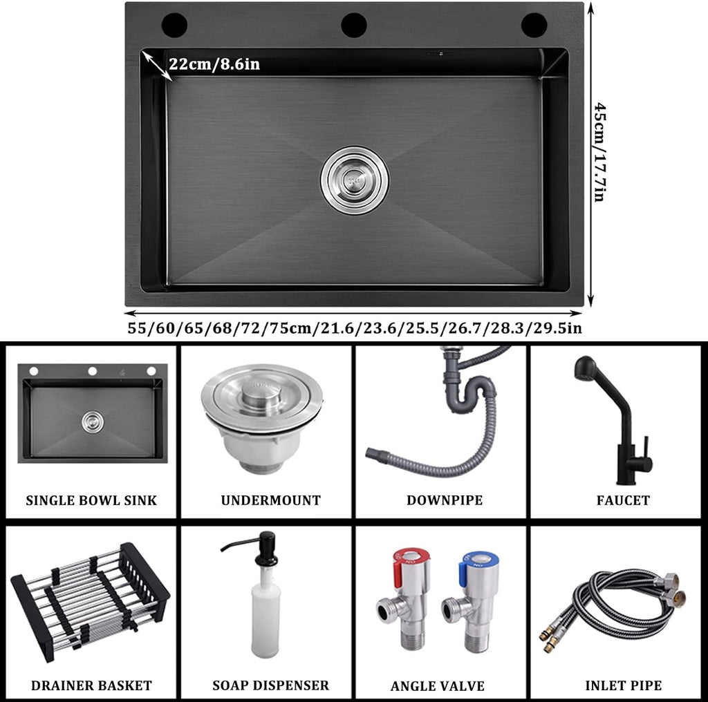 304 Stainless Steel Bar Sink Black Single Bowl Kitchen Sink Household Handmade RV Sink with Faucet and Drainage Kit Top Mount Or Undermount (Color : Black-B, Size : 75x45x22cm) (Blacka 60x45x22cm