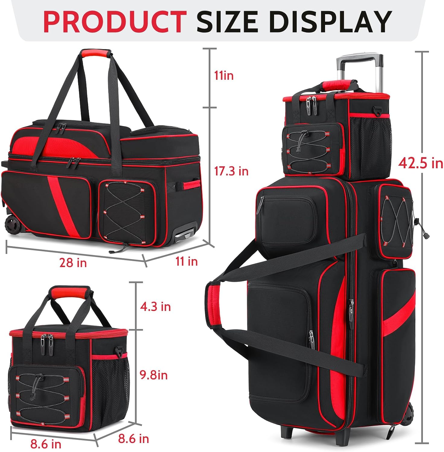 4 Ball Bowling Bag with Wheels, 3 Ball Bowling Bags Roller with 1 Ball Add On Bag, Multi-Pockets & Shoe Compartment (Fits Up to Size 16)