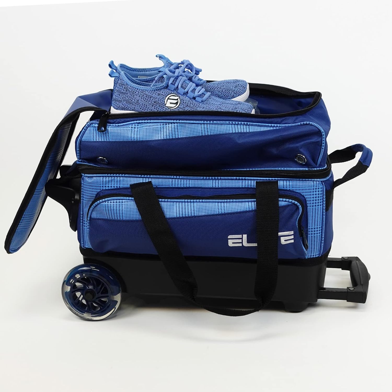 ELITE Deluxe 2 Ball Bowling Bag with 5' Smooth Wheels - Large Accessory Pocket, Shoe Compartment, 36' Extendable Handle