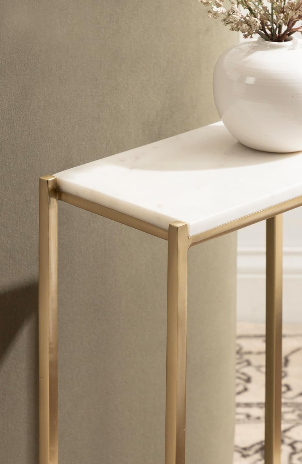 Kate and Laurel Aguilar Modern Glam Slim Side Table; 12 x 7 x 22; White Marble and Gold; Decorative Narrow End Table for Use as Skinny Bedroom Nightstand or Living Room Mini Table