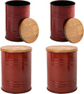 Glitzhome 4-Piece Galvanized Side Table Set, Metal Farmhouse Barrel Toy Box Bins with Round Wood Lid, Rustic Ottoman Seat Stool with Large Storage Space, for Living Room, Bedroom,Red