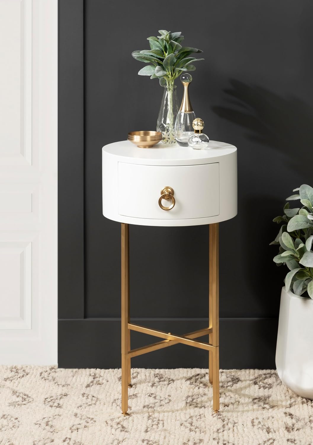 Kate and Laurel Decklyn Decorative Glam Round Side Table; 14 x 14 x 24; White and Gold; Modern Circle Living Room Table with Pull Drawer for Useful Storage