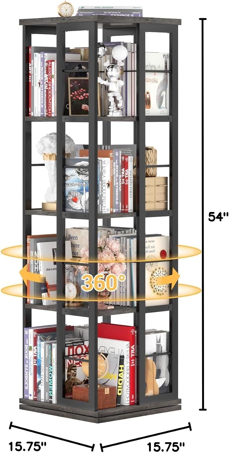 Aheaplus Rotating Bookshelf, 4-Tier Corner Bookshelf, 360 Display Wood Spinning Bookshelf, Floor Standing Bookcase Narrow Shelf Revolving Organizer Storage Rack for Small Space, Grey Oak
