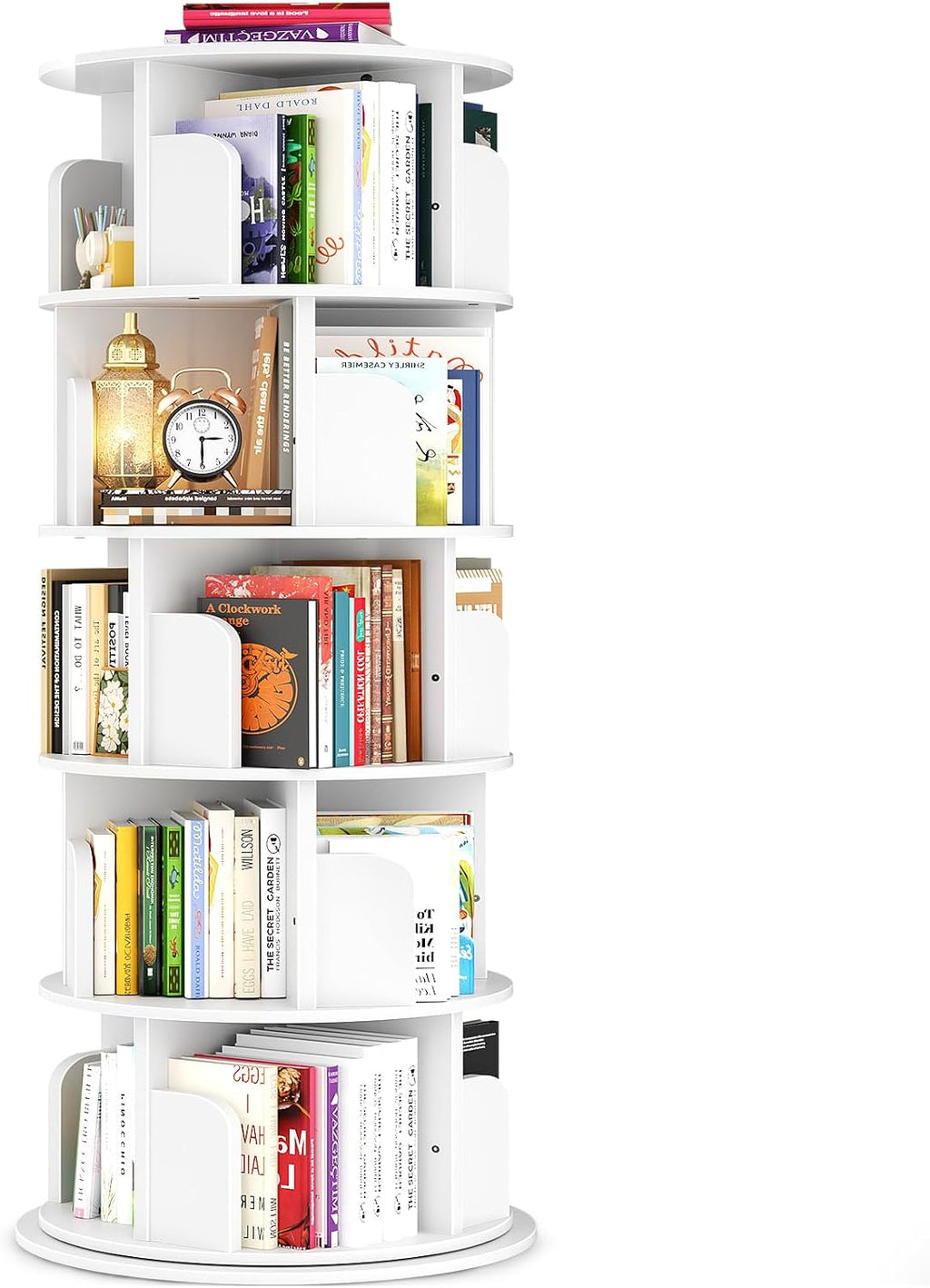 Besiost Rotating Bookshelf Tower, 5 Tier Spinning Bookcase, Revolving 360 Book Shelf Narrow Tall Bookcase, Vertical Turning Round Bookshelf Organizer, Wood Corner Book Shelf for Small Space, White