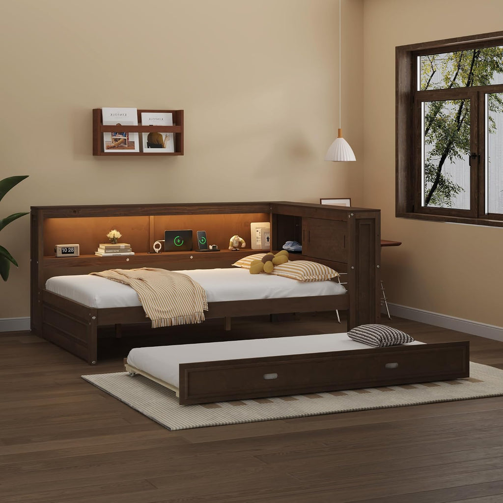 Merax Full Size Daybed Frame with Trundle Bed for Kids, Daybed Full Size with Storage Shelves and Headboard, Wood Corner Bed with USB Ports and LED for Living Room, Brown