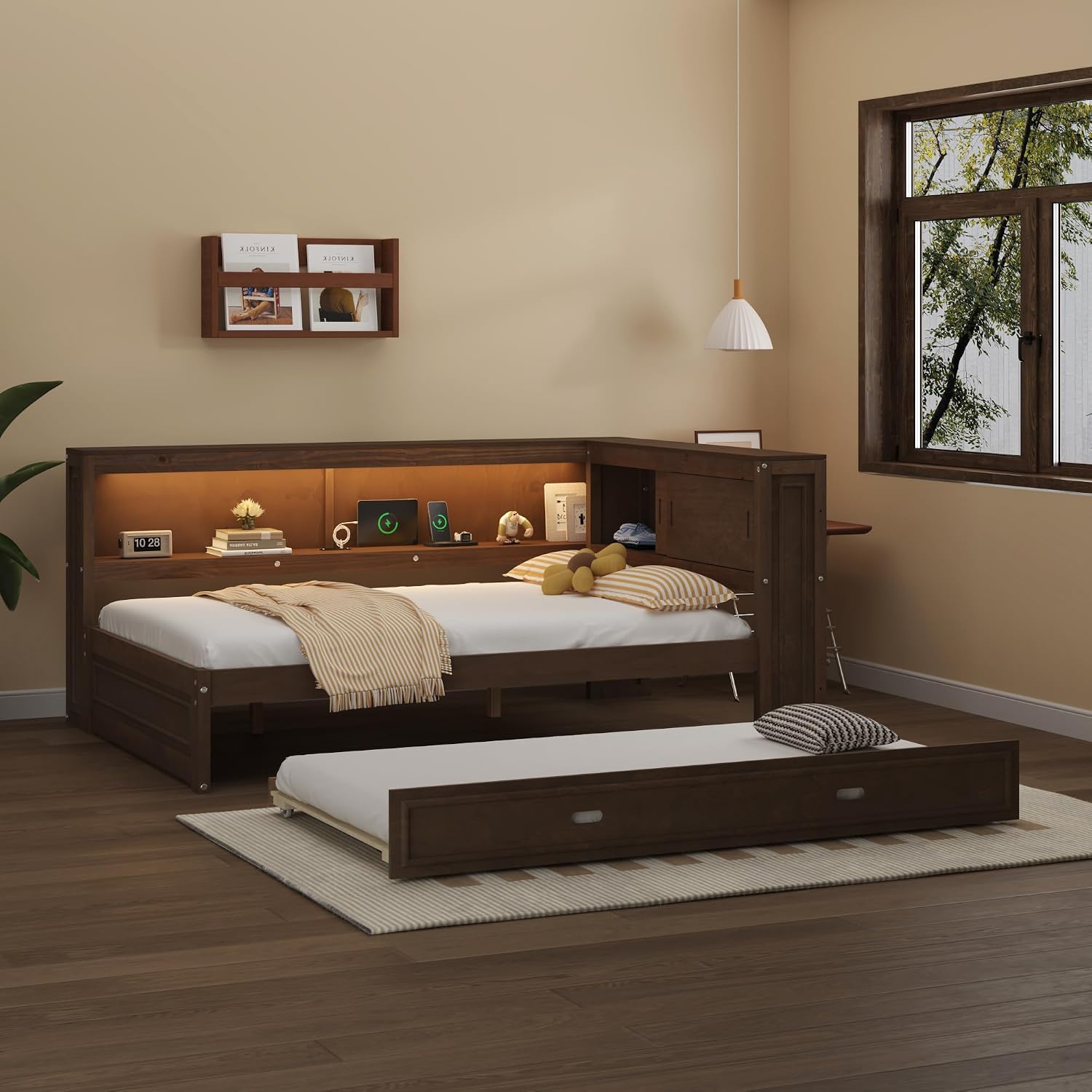 Merax Full Size Daybed Frame with Trundle Bed for Kids, Daybed Full Size with Storage Shelves and Headboard, Wood Corner Bed with USB Ports and LED for Living Room, Brown