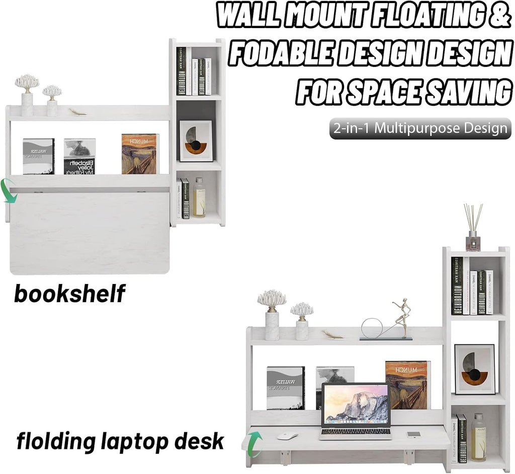 Pmnianhua Floating Desk,41'' Wall Mounted Desk,Fold Down Laptop Desk,Folding Workstation,Space Saving Table with Storage for Bedroom Study Room Small Space (Off White-Left)