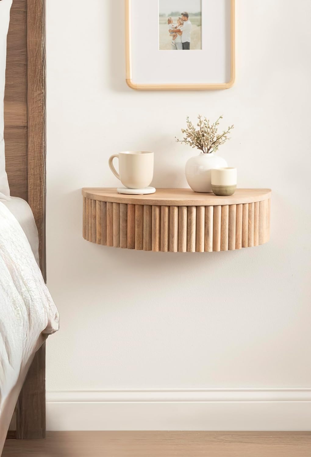 Kate and Laurel Reid Ribbed Wooden Floating Side Table, 20 x 11 x 6, Light Natural, Modern Mango Wood Floating Nightstand with Drawer for Bedroom Storage or Living Room End Table Option