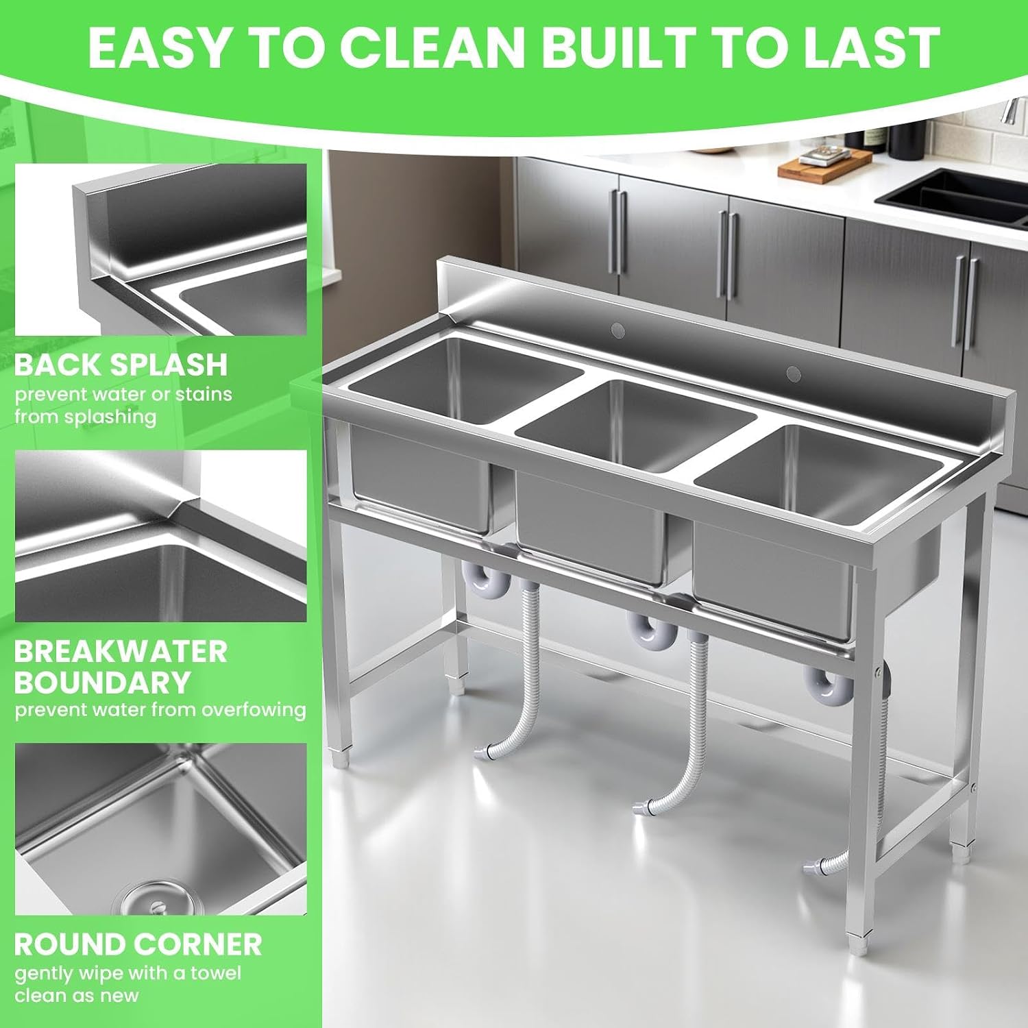 3 Compartment Sink Commercial, Stainless Steel Utility Sink for Restaurant Bar Kitchen, Extra Large Triple Bowl Commercial Sink for Food Prep and Cleaning (3 Compartment)