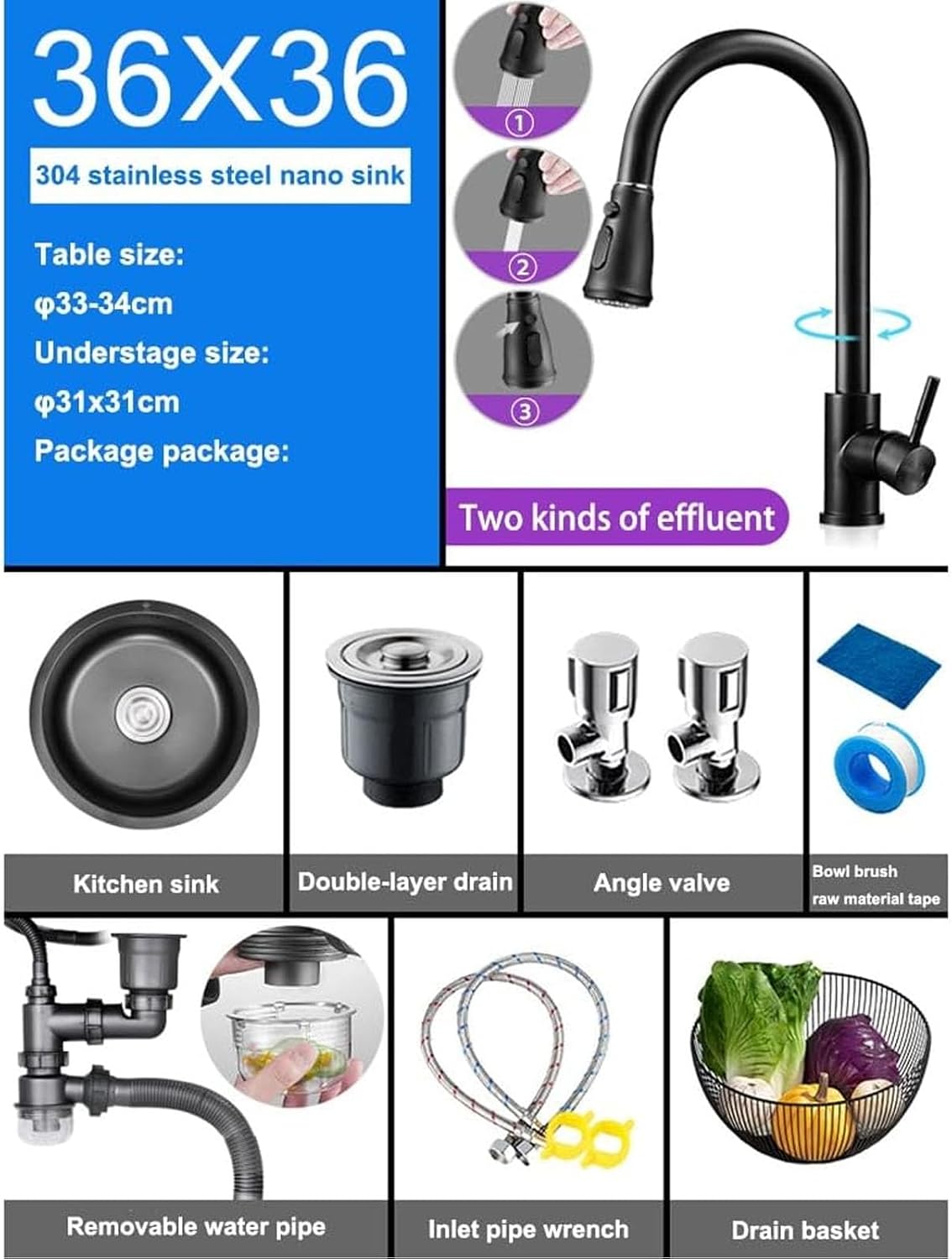 Single Bowl Kitchen Bar Sink Black Wet Bar & Prep Sink 304 Stainless Steel RV Sink with Pull Out Faucet & Drain Top Mount Or Undermount (Black 36x36x18cm)