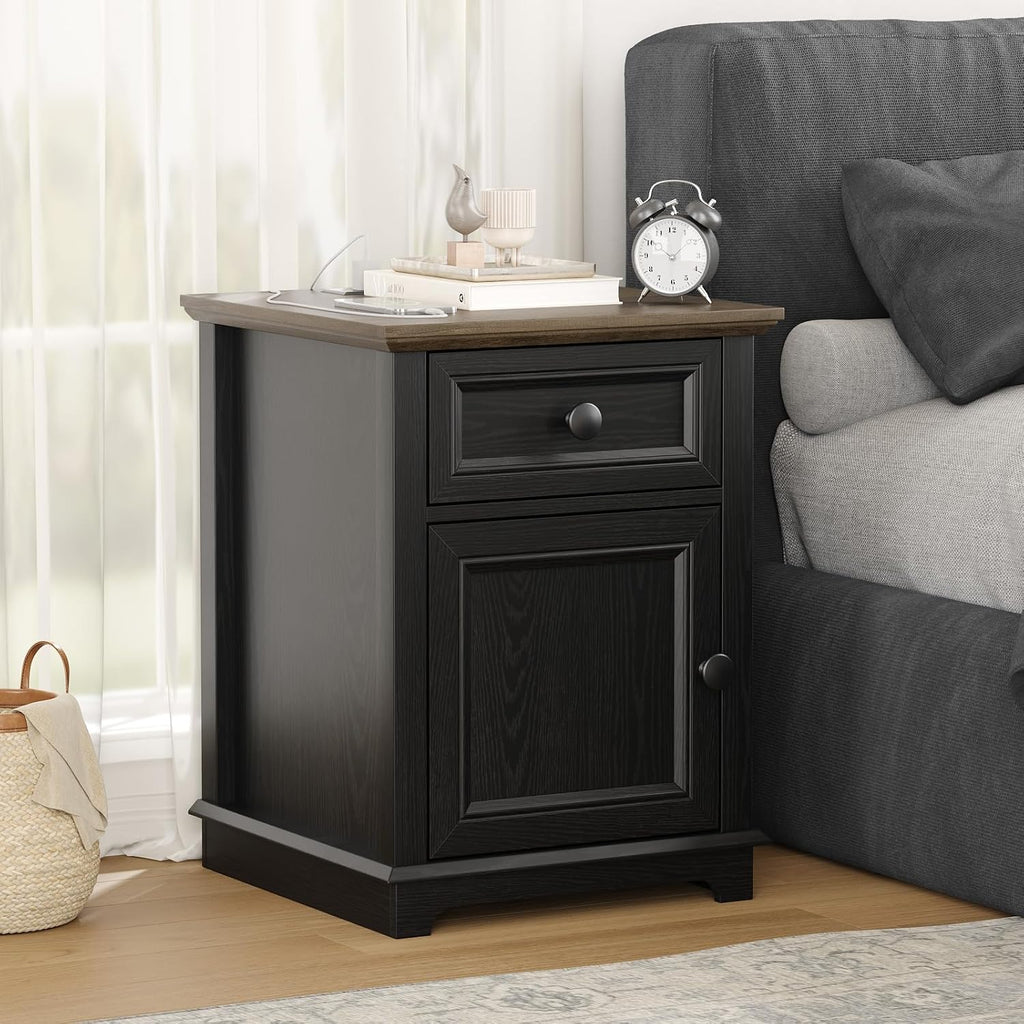 REDAYFUR End Table with Charging Station, Fast Charge, End Table with Drawer, Big Storage Side Table for Living Room/Bedroom, Black