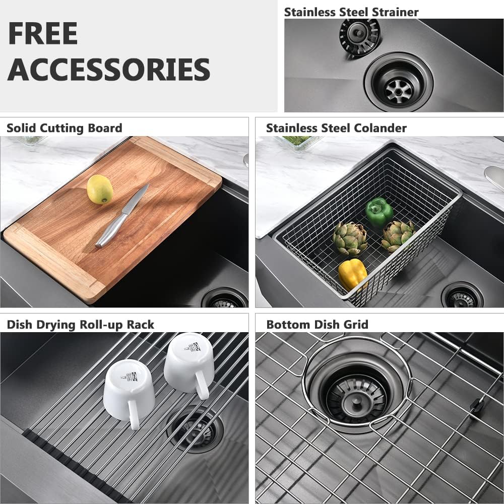 24 Inch Black Farmhouse Sink Workstation-VASOYO 24x22 Apron Front Farmhouse Kitchen Sinks Black Stainless Steel 16 Gauge Deep Single Bowl Farm Sink Undermount with Cutting Board